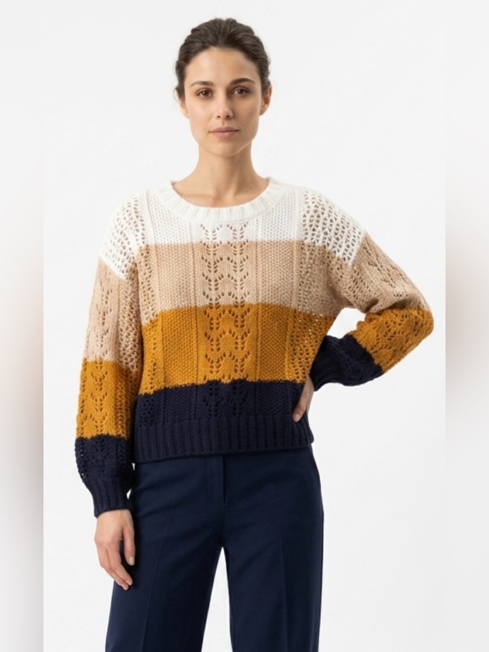 Harper Heritage Color-block  Chunky Pointelle Knit Crewneck Sweater